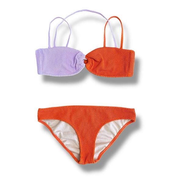 J.Crew Re-Imagined Smocked Bikini Set Lilac Orange Bandeau Top L Bottom M - Picture 1 of 12